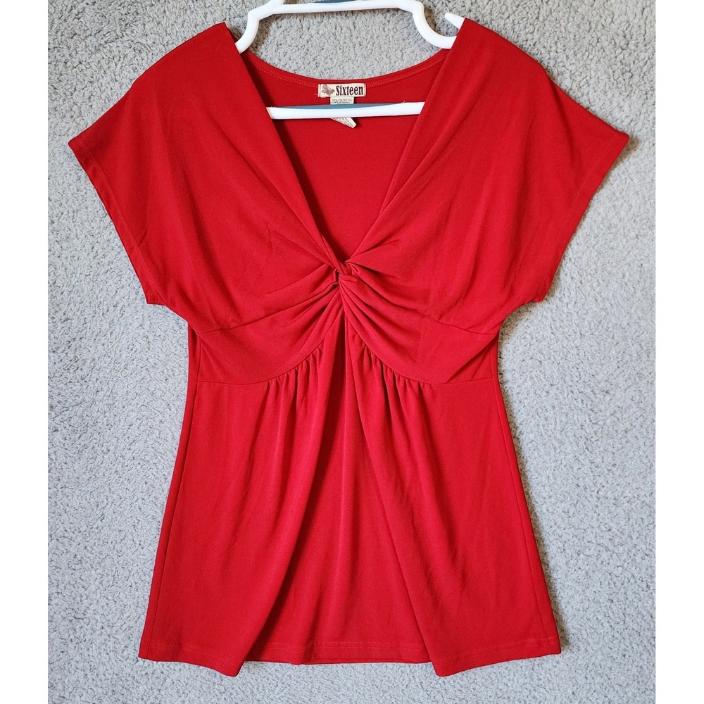 Y2K Sixteen Twist Front Empire Waist Blouse Womens Large Red S/S V-Neck Top